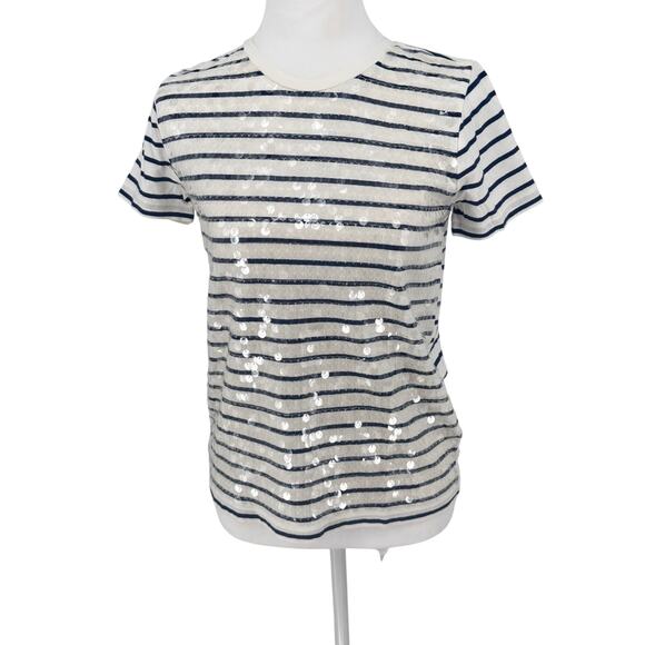 ✨ J.CREW Sequin Striped Tee - Navy & White Short Sleeve Cotton Top NWT ✨ - Picture 1 of 9